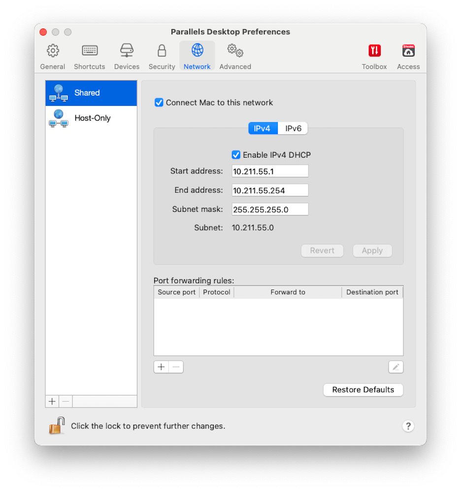 Parallels Desktop Help - Shared Networking Settings