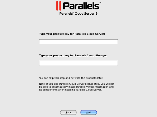 Entering Parallels Cloud Server License