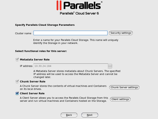 Specifying Parameters for the Parallels Cloud Storage Cluster