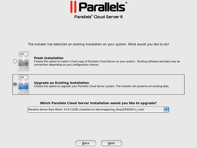 Upgrading Parallels Server Bare Metal - Choosing Installation to Upgrade