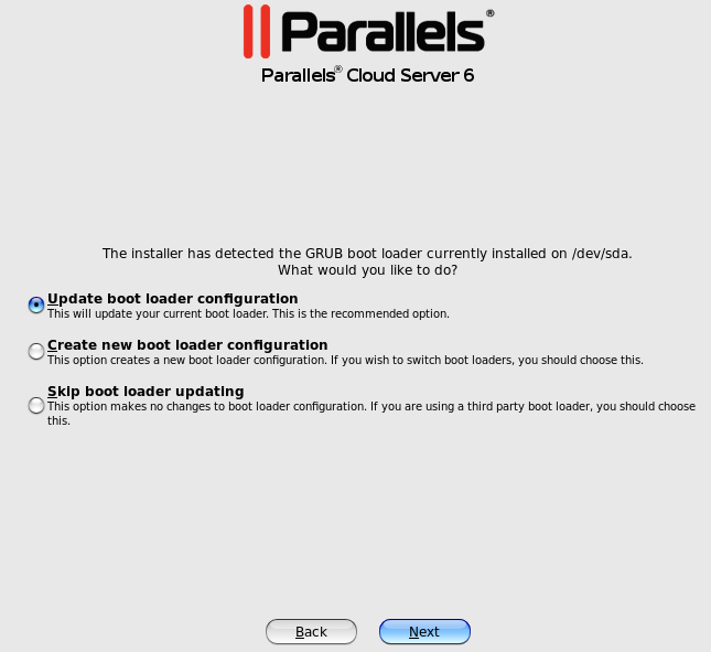 Upgrading Parallels Server Bare Metal - Configuring Boot Loader