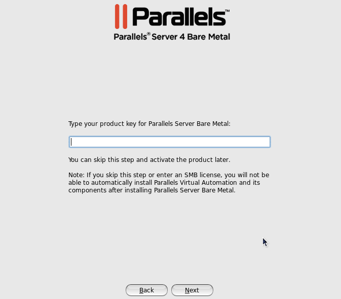 Entering Parallels Server Bare Metal License