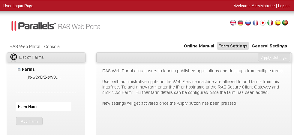 RAS_Farm settings page